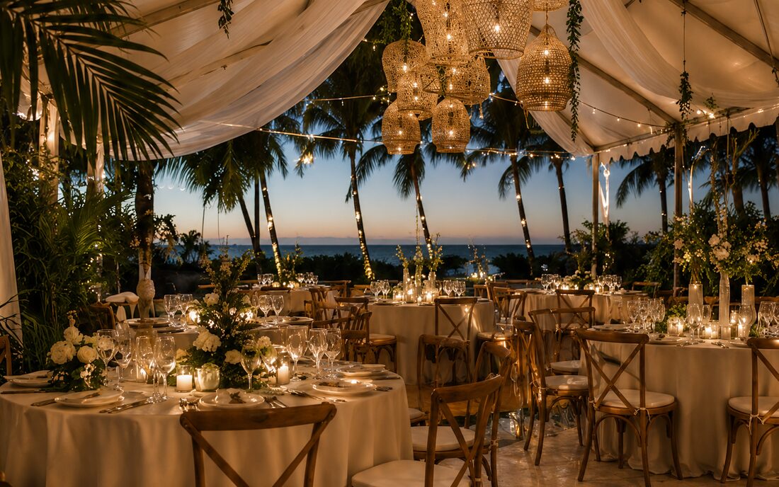 Elegant tropical dinner event setup