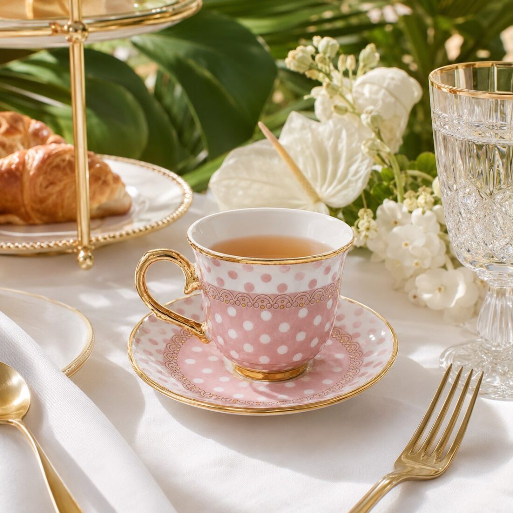 Taza de porcelana con lunares y plato