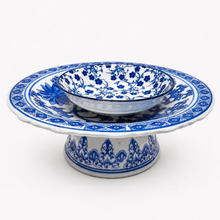 Blue and white porcelain serving pedestal