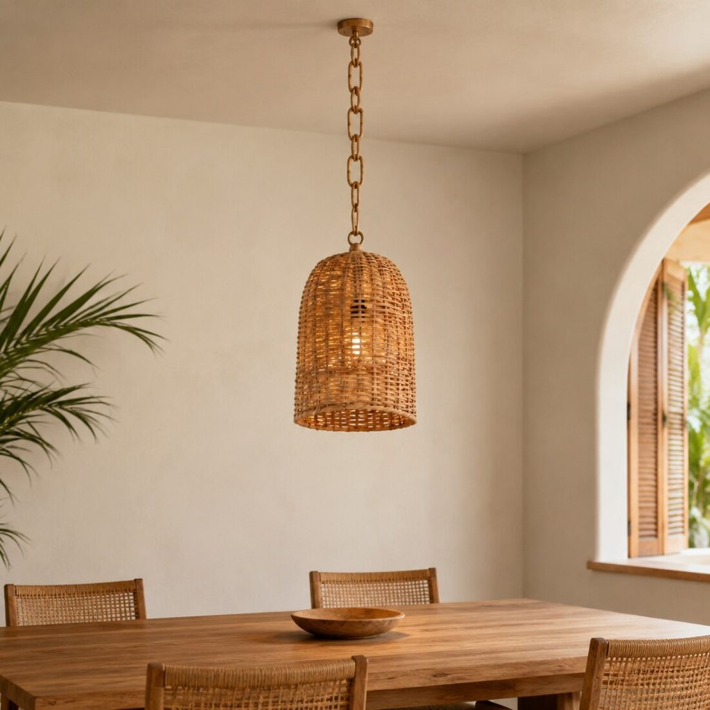 Cylindrical rattan pendant lamp