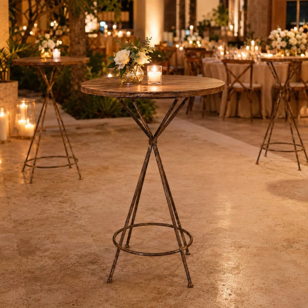 Round crossed-leg cocktail high table