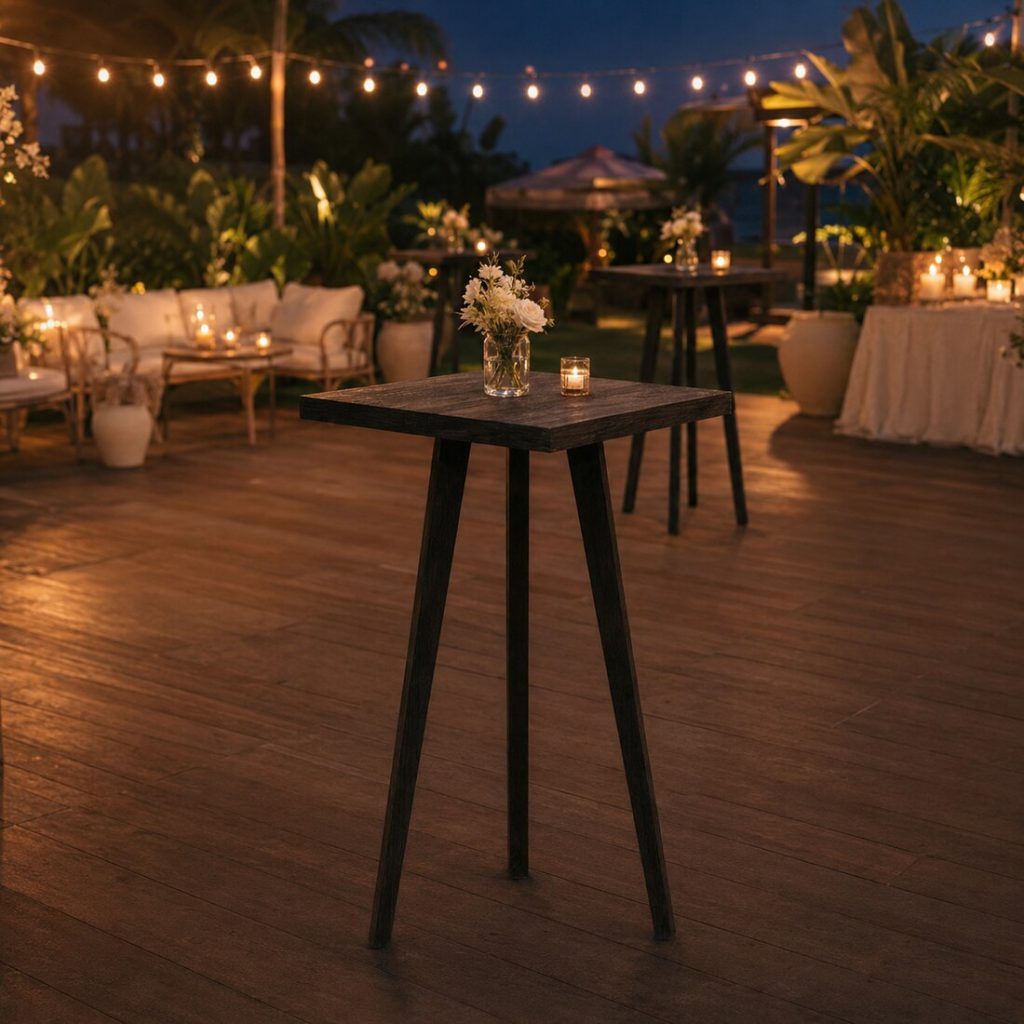 Square tripod cocktail high table