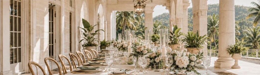 Elegant event table setting on a Dominican terrace