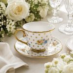 Taza de porcelana con lunares y plato