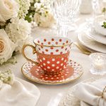 Taza de porcelana con lunares y plato