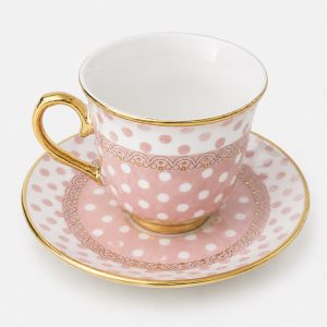 Polka dot porcelain teacup with saucer - Pink