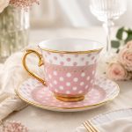 Taza de porcelana con lunares y plato