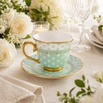 Taza de porcelana con lunares y plato